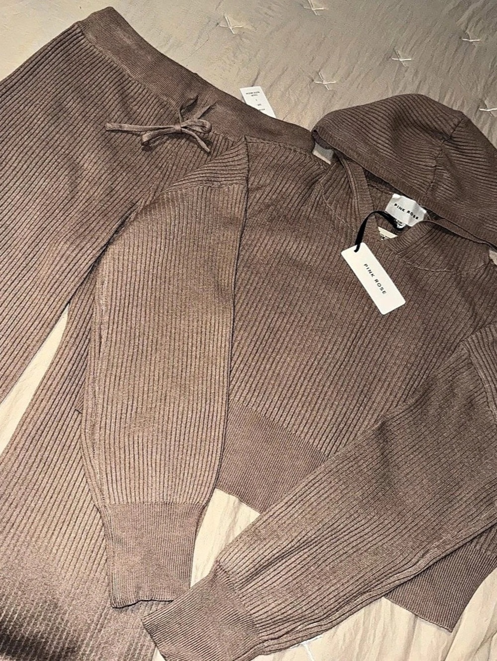Pink Rose Ribbed Knit Two-Piece Set in Brown Size Small NWT